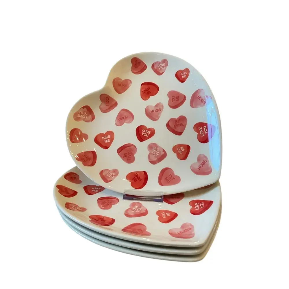 4 Maxcera Conversation Heart Valentine Dinner Plates 10in Ceramic Red & White